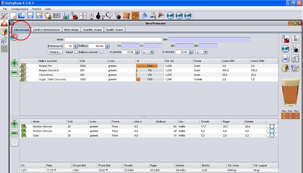 Hobbybrew e dati principali per una ricetta